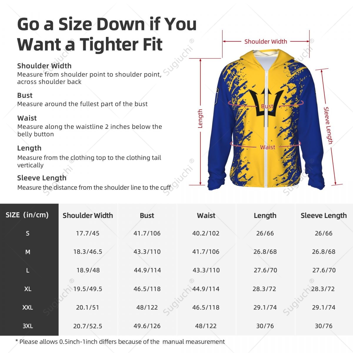 Hoodie de poliéster de manga comprida com zíper, roupas protetor solar, secagem rápida, proteção solar, pesca, ciclismo, corrida, bandeira de Barbados