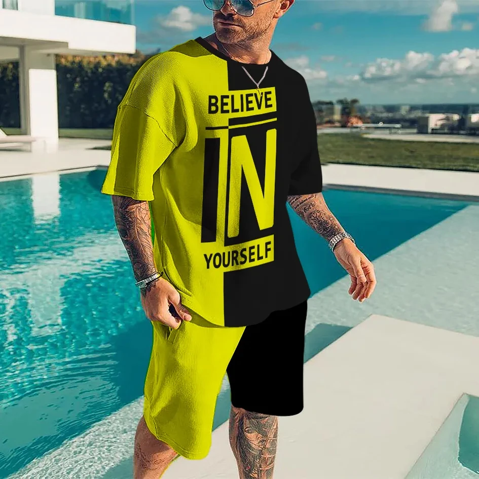 新しい夏のメンズトラックスーツ自分自身を信じて Tシャツショーツセットスポーツ衣装ジョギングスーツ特大服アウトドアストリート