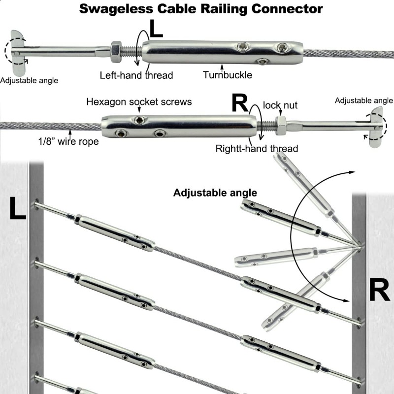 Swageless Tensioners for Metal Posts Cable Railing Hardware Kit, for 1/8 Stainless Steel Cable Rrailing System