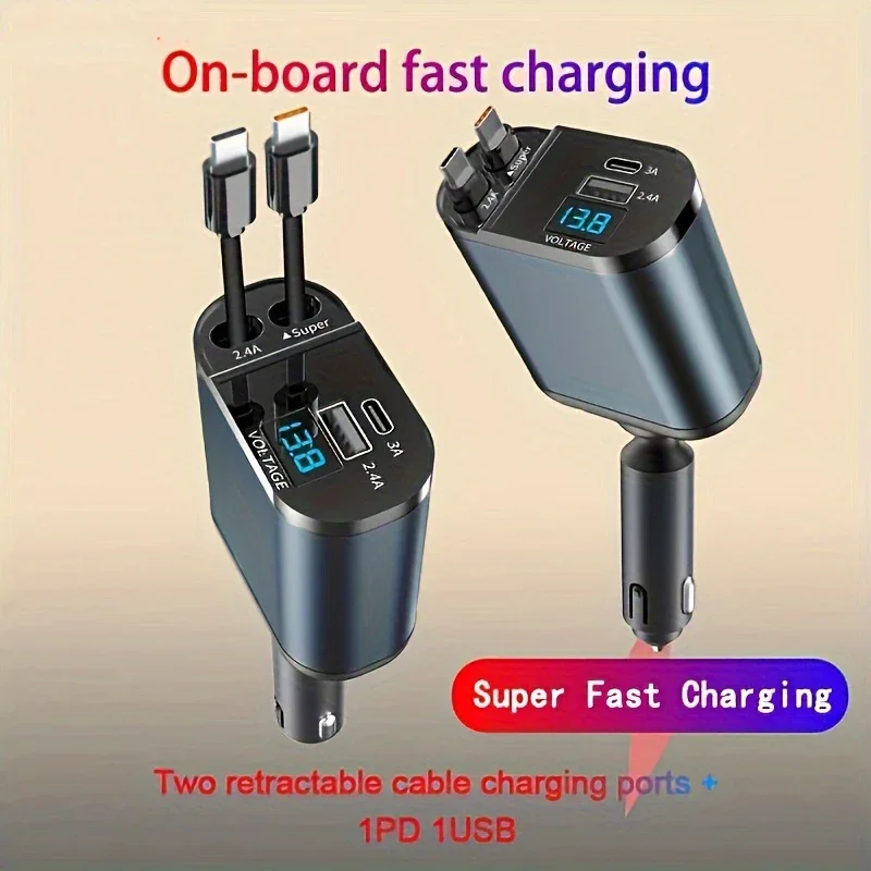 120/66 Вт 4 в 1, выдвижное автомобильное зарядное устройство, кабель USB PD типа C для мобильного телефона, шнур быстрой зарядки для iPhone, прикуриватель, адаптер QC