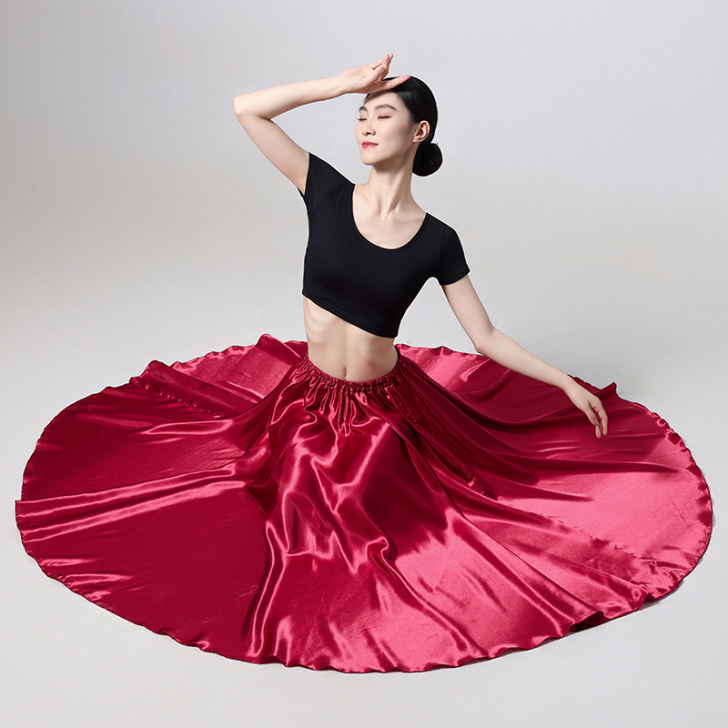 Falda larga de satén para mujer con cintura elástica para salón de baile, danza del vientre latina, falda de rendimiento circular completa