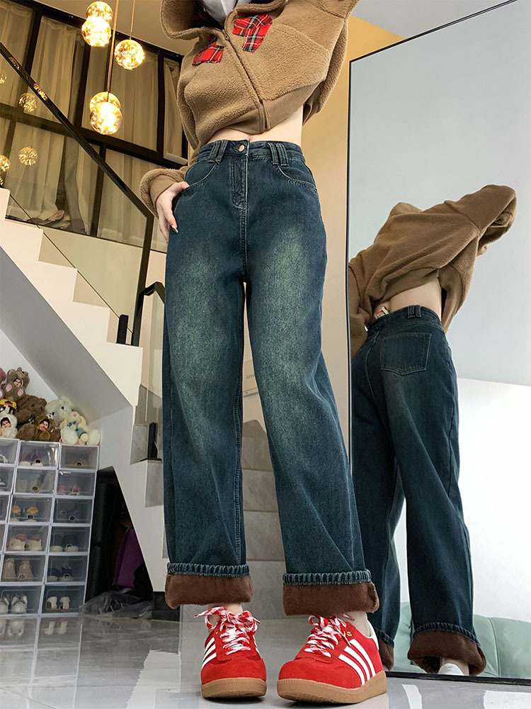 冬暖かい女性のジーンズファッションスリム厚みのフリースパンツハイウエスト弾性スキニーベルベットプラス長さの女性のデニムパンツ