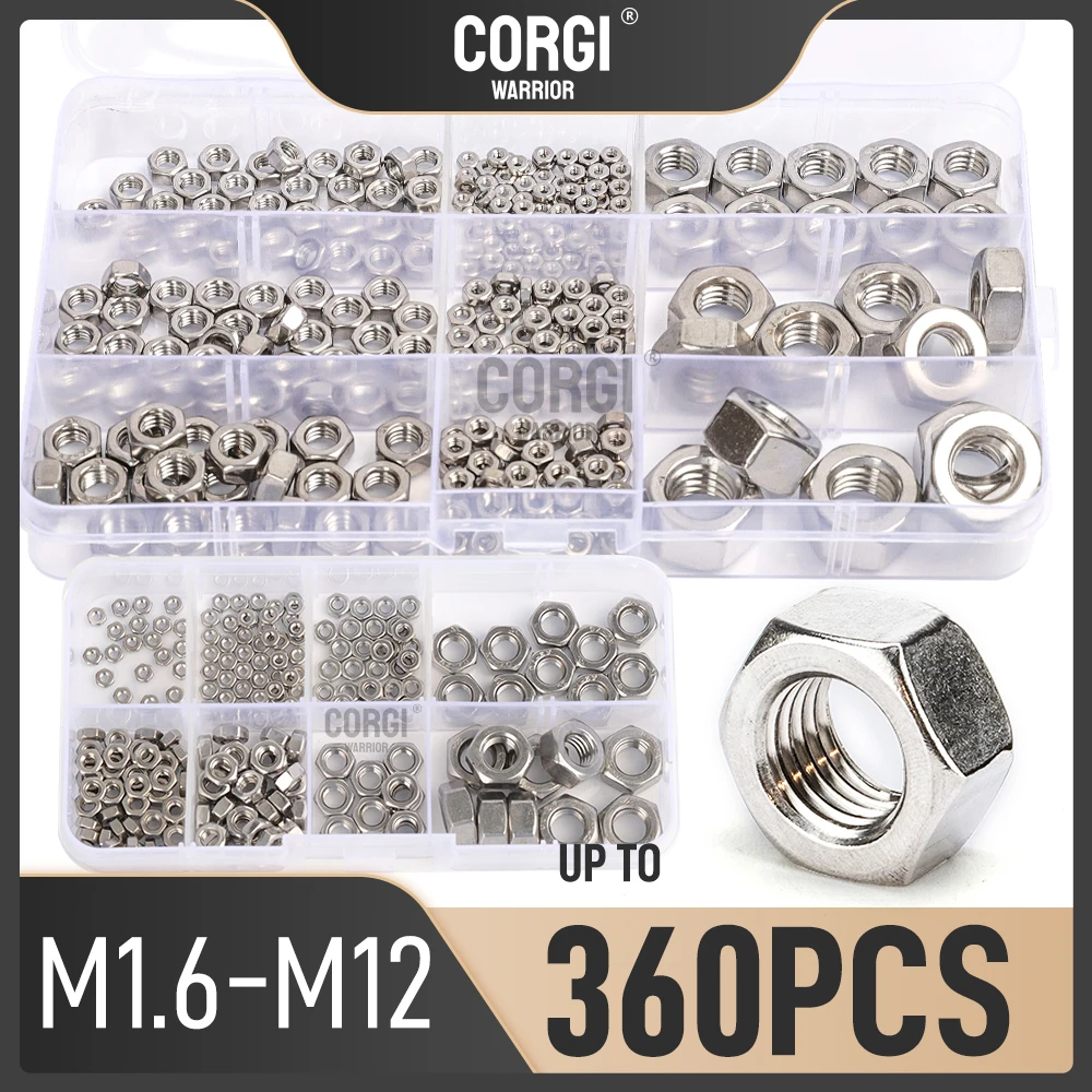 Kit surtido de tuercas hexagonales métricas 180-360 304 piezas de acero inoxidable M1.6 M2 M2.5 M3 M4 M5 M6 M8 M10 M12 juego de tuercas externas surtidas
