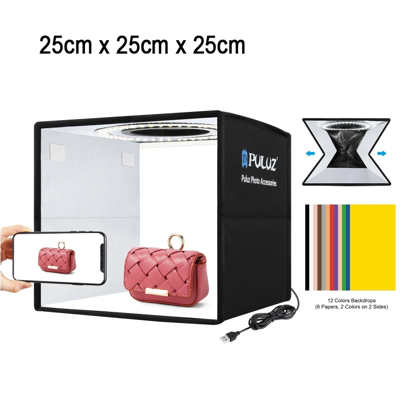 PULUZ 25 cm faltbare tragbare hohe 97 CRI-Ringlicht-Fotobeleuchtung, Studio-Schießzeltbox mit 12 Farben Hintergründen