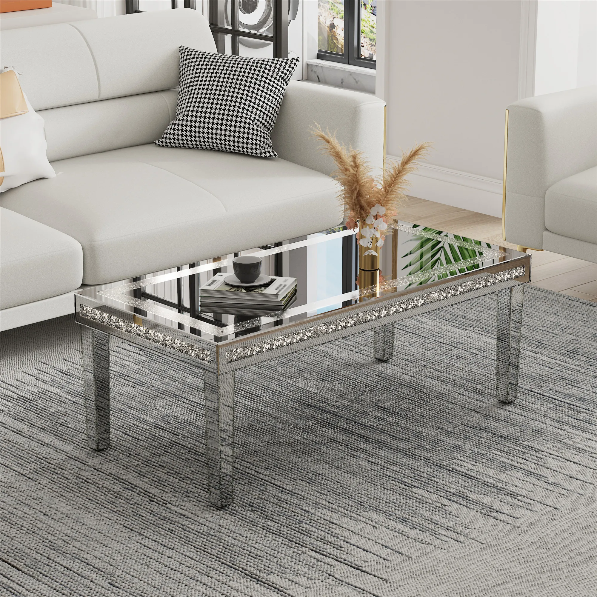 Grande mesa de centro retangular de cristal espelhada com diamante para móveis de sala de estar