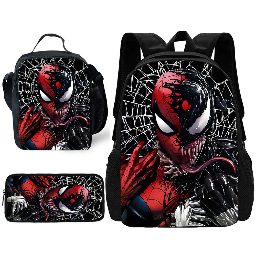 Kind Hot Cartoon S-Superhelden Venoms Schulrucksack mit Lunchtaschen, Bleistiftbeuteln, Schultaschen für Jungen und Mädchen, bestes Geschenk