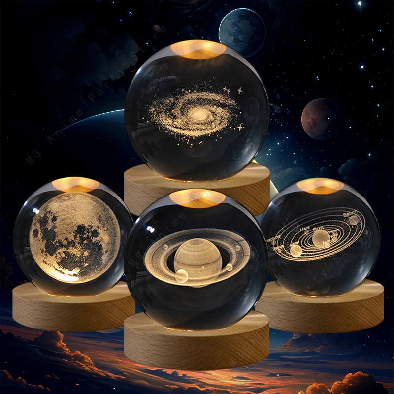 Bola de cristal 3D única, luz nocturna, lámpara Led, mesita de noche, lámpara de galaxia brillante, planetas de Saturno, Luna, juguete de regalo de cumpleaños para niños de 5cm