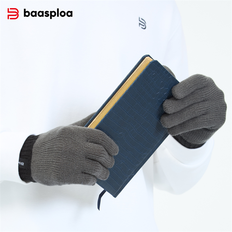 Baasploa New Men Knitted Gloves Autumn Fashion Solid Thicken Warm Full Fingered Gloves Female Casual Winter Stretch Plush Gloves