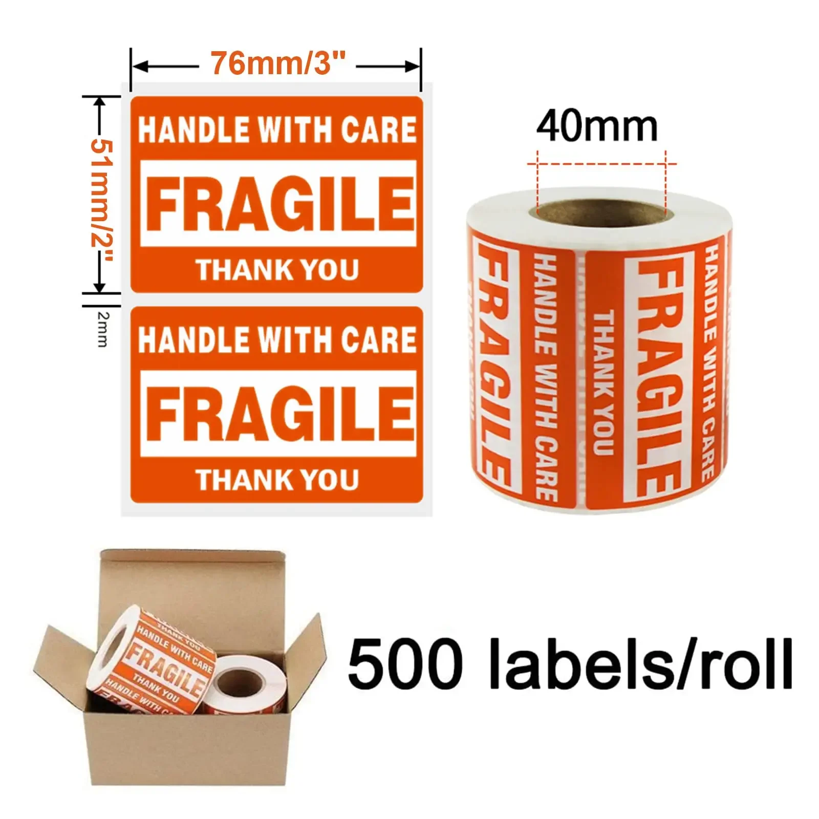 [1 Roll, 500 Labels] 2" x 3" Fragile Warning Stickers Handle with Care Warning Packing/Shipping Labels - Permanent Adhesive