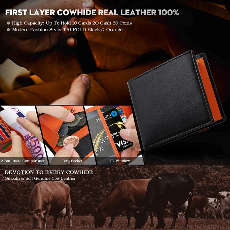 Carteras para hombre con bloqueo RFID delgado de cuero genuino con bolsillo para monedas 2 compartimentos para billetes 10 tarjeteros cartera para hombre