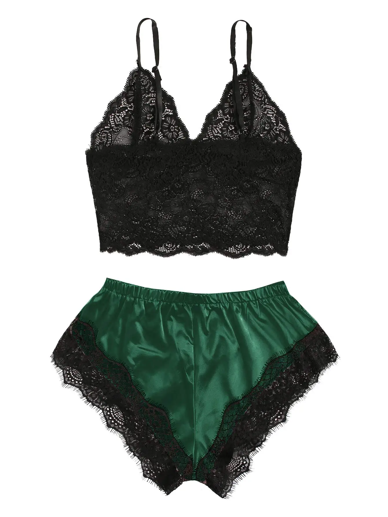 Conjunto de pijama de satén para mujer, Top camisola de encaje y pantalones cortos, lencería Sexy, ropa de dormir transpirable de verano, negro y rosa, 2 uds.