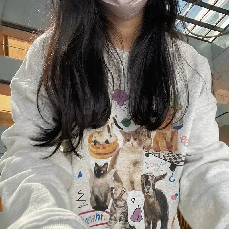 ミルク猫プリントトレーナー秋冬長袖ファッションストリート女性トップ原宿 Y2k 美的グラフィック女性服