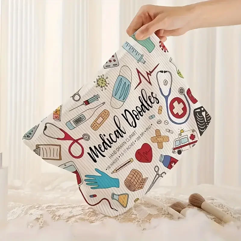 Bolsa de maquillaje de pana con estampado de grafiti médico, caja de almacenamiento de maquillaje ligera con cremallera, bolsa multifuncional con forro