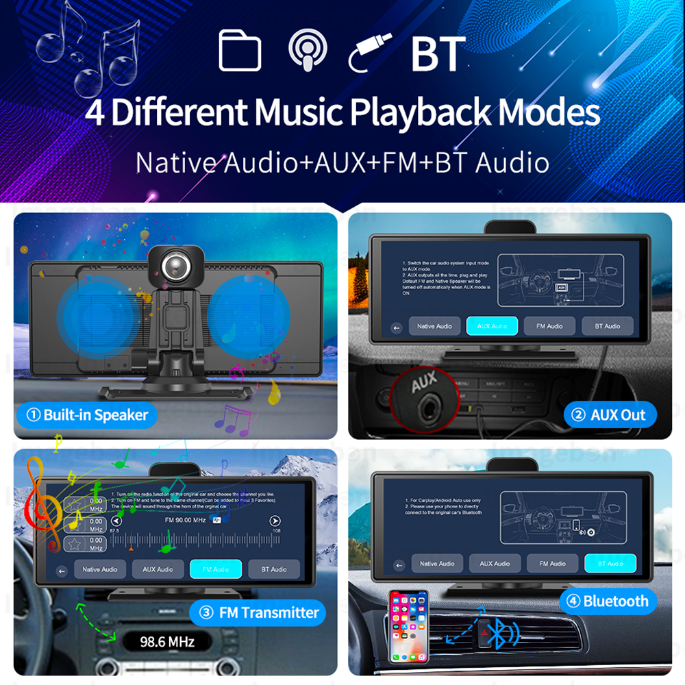 Imagebon 10.26 "sem fio carplay & android auto traço cam adas 4k dvr bluetooth áudio aux navegação gps painel gravador de vídeo