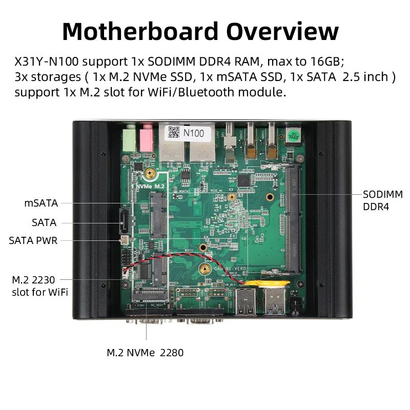 Безвентиляторный мини-промышленный ПК Intel N100 2x Ethernet 2x COM DB9 RS232 2x HDMI2.0 1*DP 4*USB WiFi Windows10/11 Linux