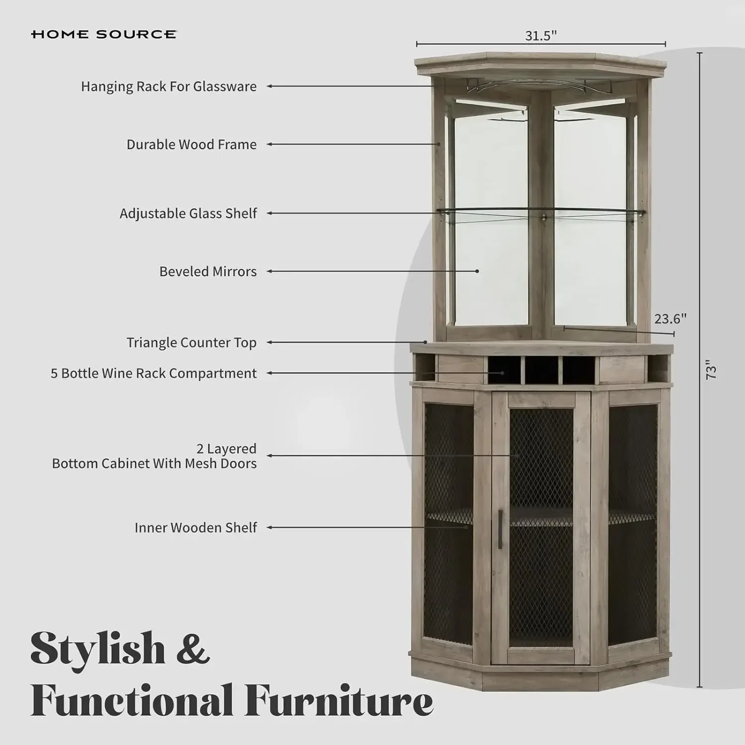 White Corner Bar Unit 73" With Built-in Wine Rack And Lower Bar Cabinet For Liquor And Glasses Storage 23.6"D X 31.5"W X 73"H