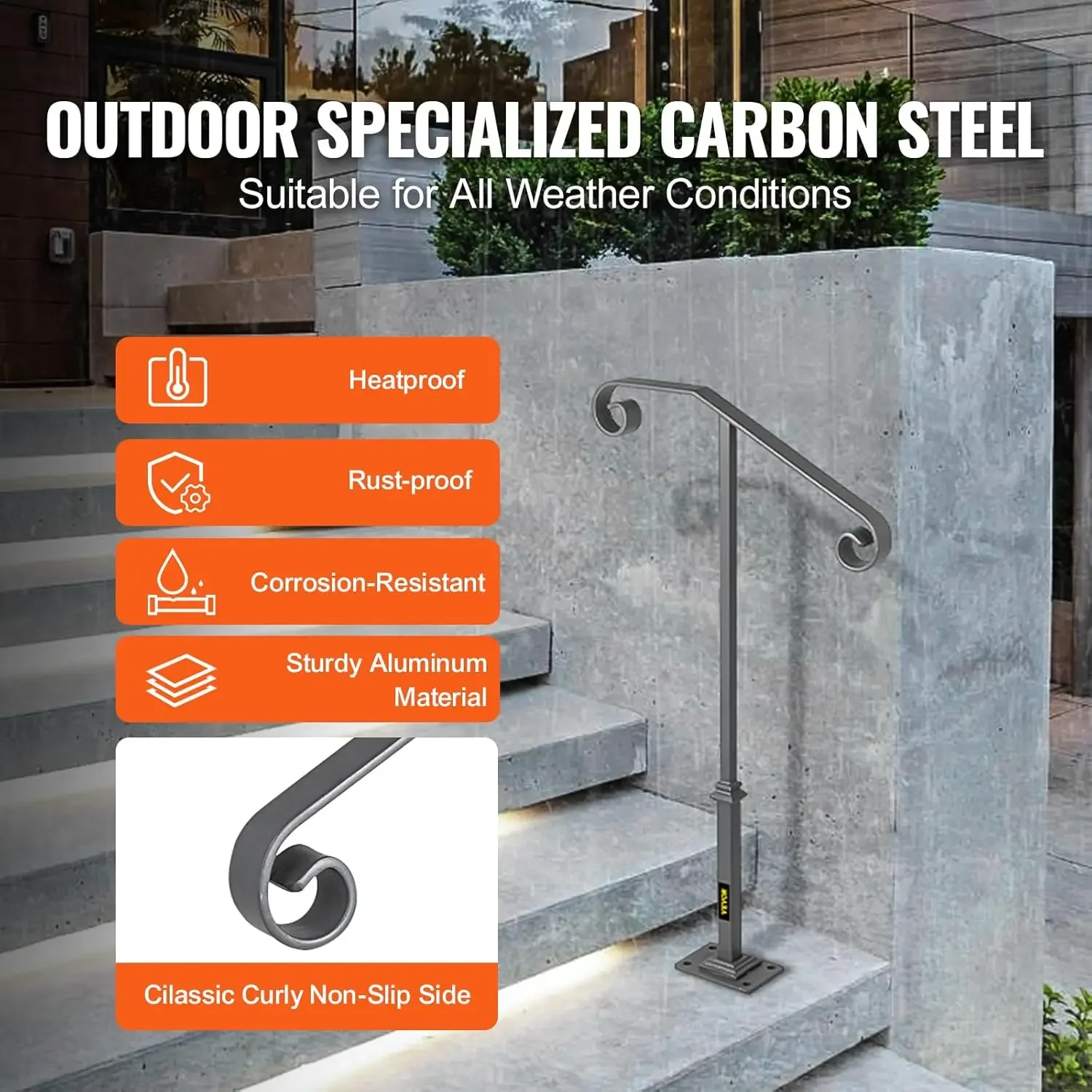 Handrails for Outdoor Steps, Fit 1 or 2 Steps Outdoor Stair Railing, Single Post Wrought Iron Handrail