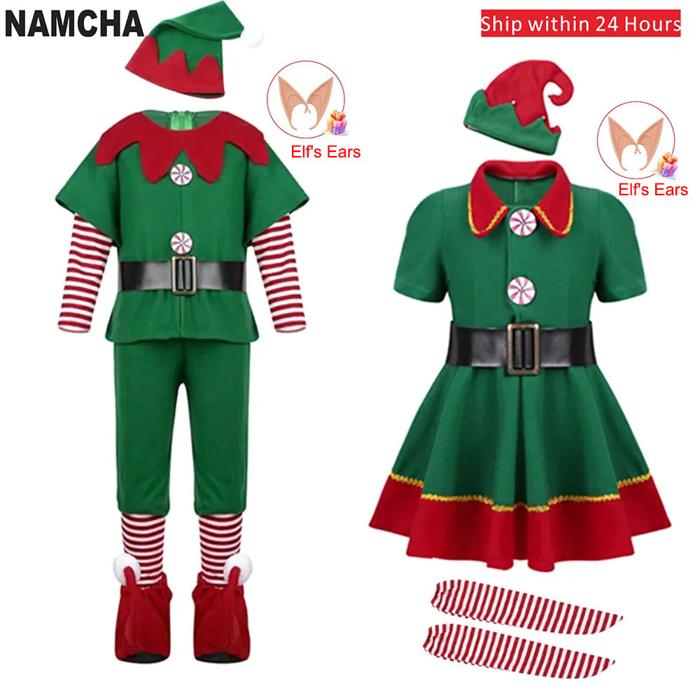 Disfraz de Papá Noel de Navidad, disfraz de elfo verde, fiesta de carnaval familiar, vestido elegante de Año Nuevo, conjunto de ropa para hombres, mujeres, niñas y niños