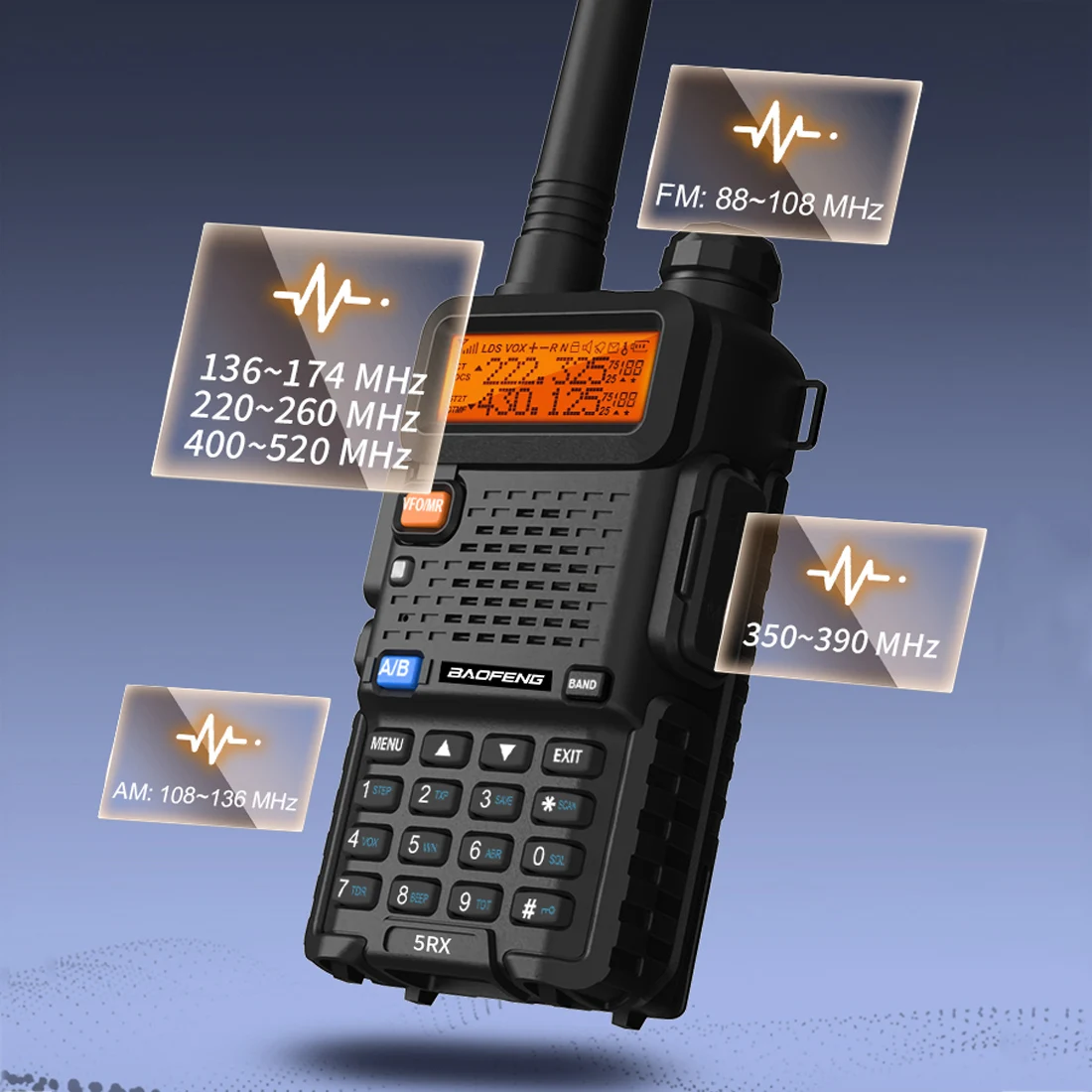 Baofeng 5RX Radio 5W VHF 1.25M UHF Walkie Talkie One Key Frequency Match 128 canali Encoder DTMF 1800mAh Batteria 5RM 5RH Pro