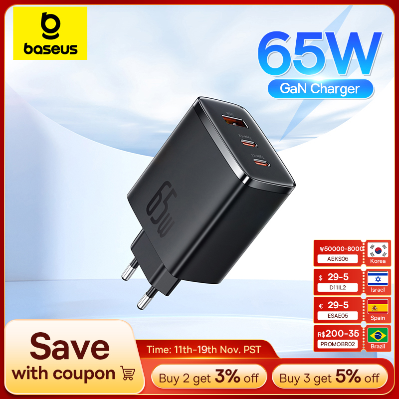 Зарядное устройство Baseus 65 Вт GaN PD Charge Type C USB-зарядное устройство Поддержка портативного быстрого зарядного устройства QC для iPhone 17 16 15 14 13 12 Зарядное устройство для ноутбука