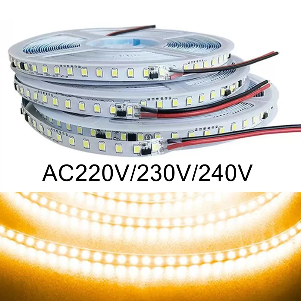 Tira de luces LED SMD 2835 de 220V, 230V, no resistente al agua, 120LEDs/m, 1M, 2M, 3M, 4M, 5M, 10M, 20M, cinta Flexible blanca cálida, iluminación de habitación