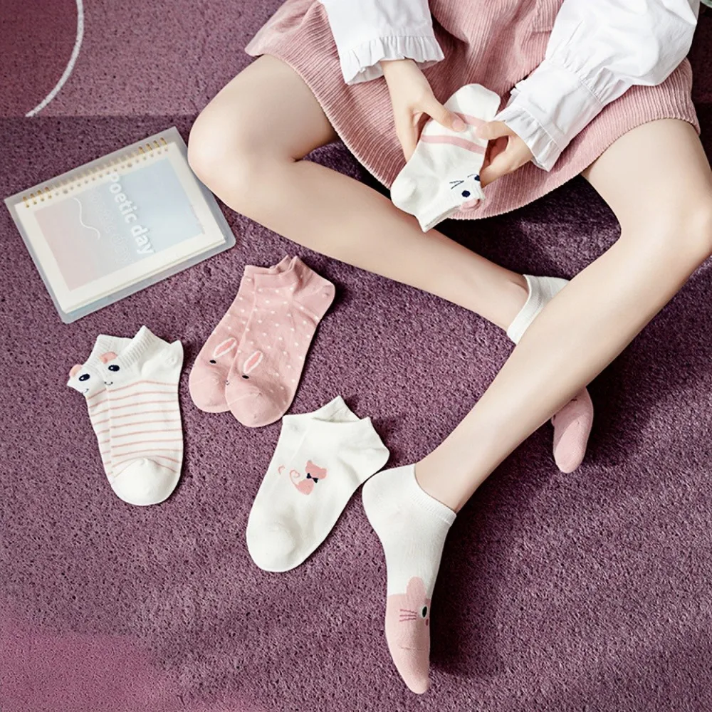 5 pares de calcetines rosas para mujer, calcetines de estilo lindo, calcetines populares de algodón para primavera y verano, lindos calcetines de conejo