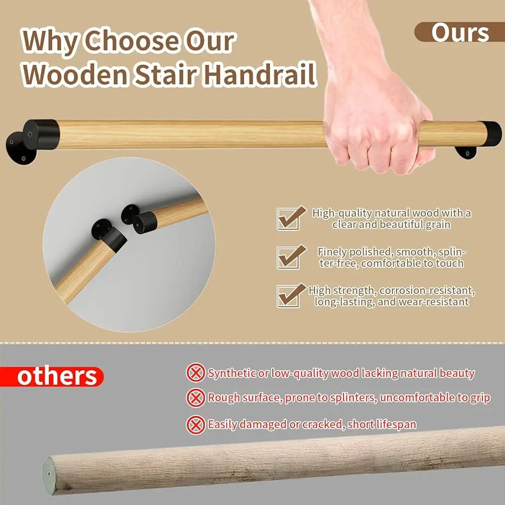 3FT Wooden Safety Handrail Sturdy Wall-Mount Support Non-Slip Elderly Children Easy Installation Indoor Outdoor Use