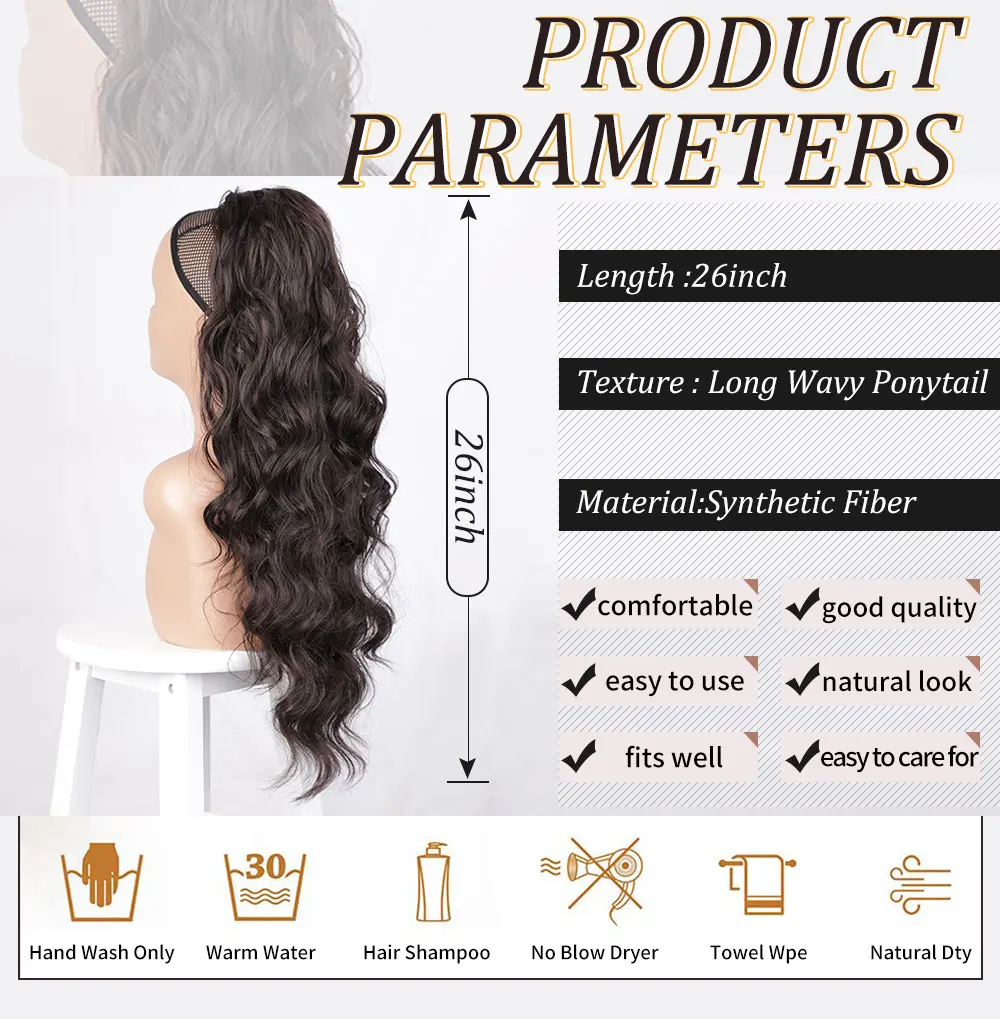 แข็งแรงสังเคราะห์ยาวหยัก Drawstring หางม้าสําหรับผู้หญิงสังเคราะห์ WAVE Hair EXTENSION คลิปใน Hairpiece ผมปลอมสีดํา