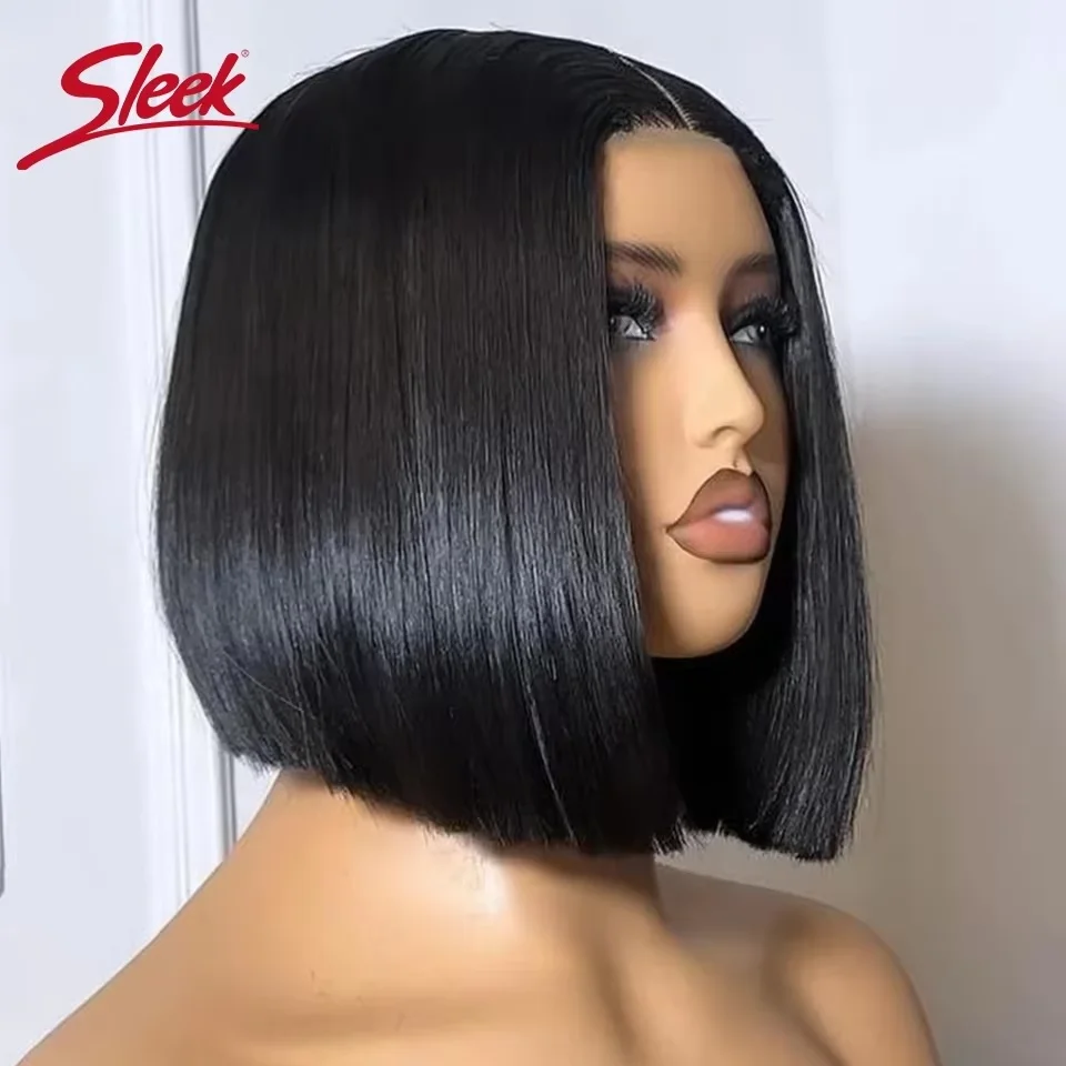 Brasileiro em linha reta laço bob perucas elegante curto parte do laço perucas de cabelo humano 200% densidade barato natureza remy preto perucas de cabelo escuro