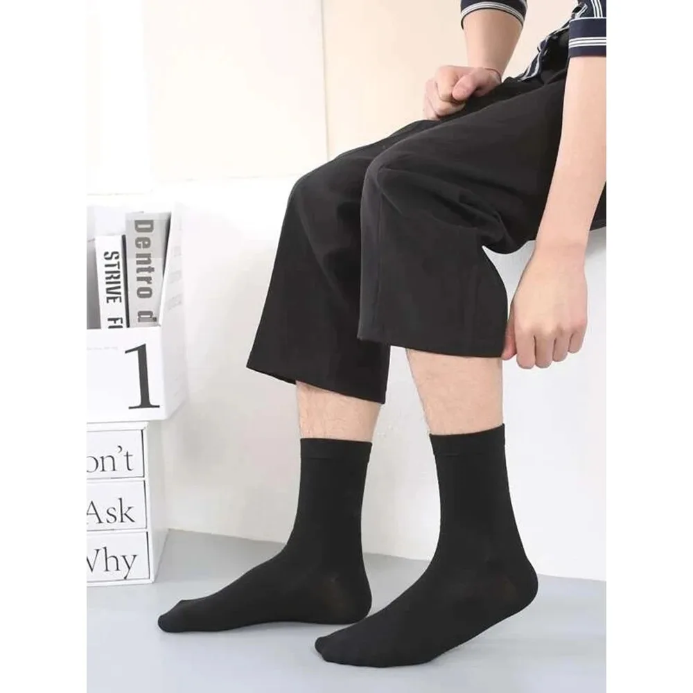6 pares de calcetines de longitud media de Color sólido para hombre, calcetines de negocios negros clásicos cómodos a la moda para otoño, calcetines cortos de alta calidad para hombre