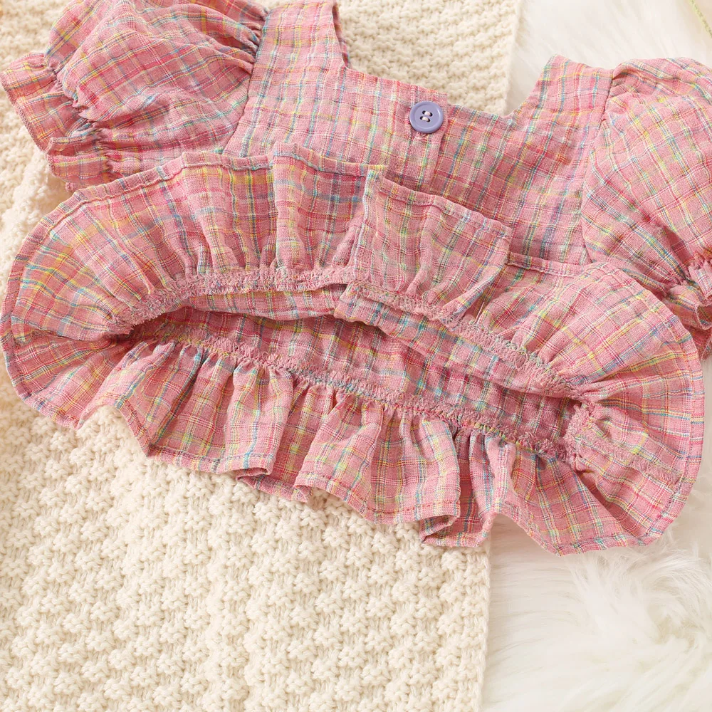 (0-3 anni) Set di top e pantaloncini con maniche a palloncino scozzesi in cotone color cotone per bambina estiva Set di due pezzi stile principessa carino per ragazze