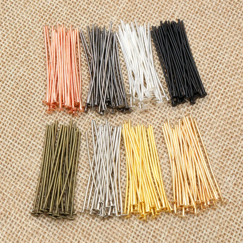 200 unidades/Paquete de 20-60mm, alfileres de cabeza plana de bronce, rodio, oro negro, Color plata, alfileres para accesorios de joyería