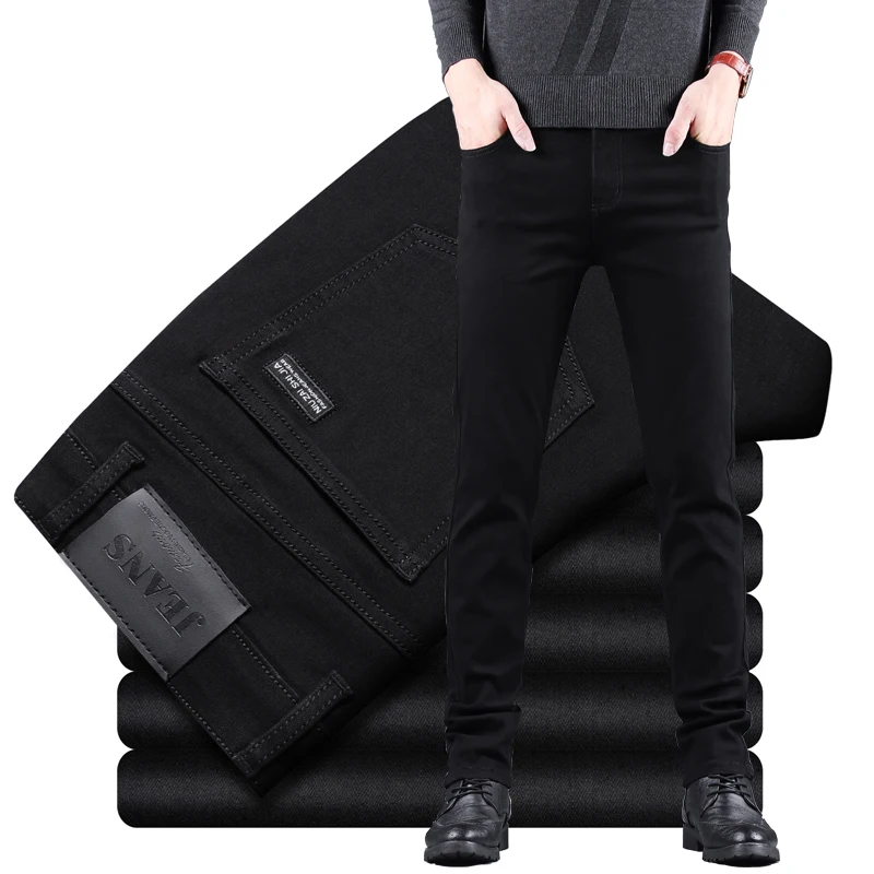 Primavera otoño nuevos hombres pantalones vaqueros ajustados negros puros pantalones rectos elásticos moda de negocios ocio coreano Vintage pantalones vaqueros masculino