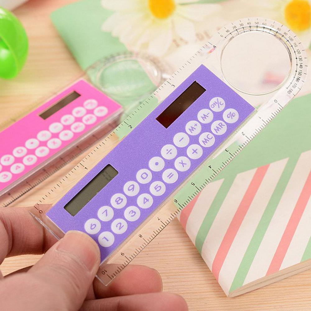 Mini calculadora de regla transparente Solar multifunción, práctica y Universal, con lupa, útiles escolares para estudiantes para oficina