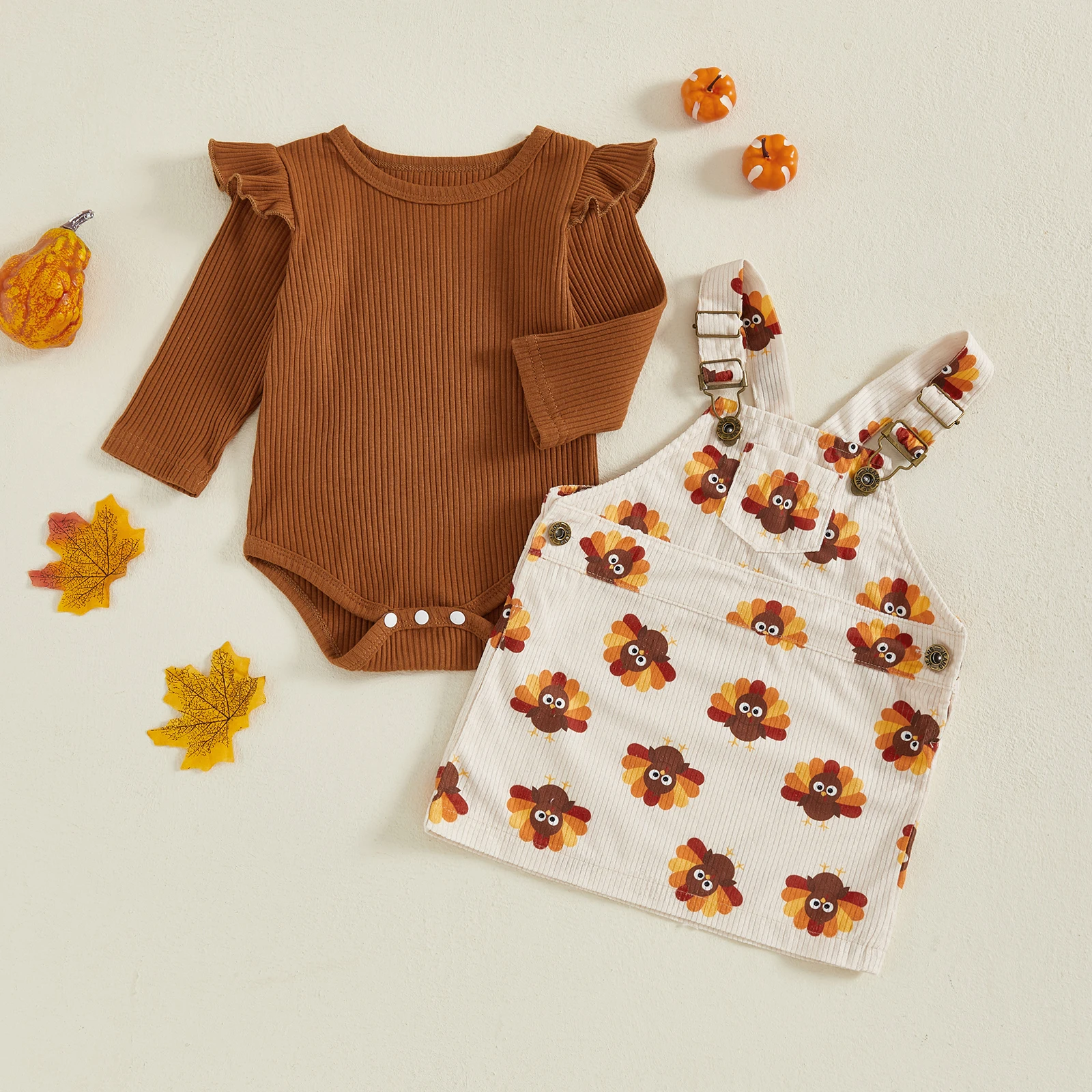 Pakaian Thanksgiving Bayi Perempuan 2 Potong Baju Monyet Lengan Panjang Set Gaun Keseluruhan Pakaian Musim Gugur Bayi Baru Lahir