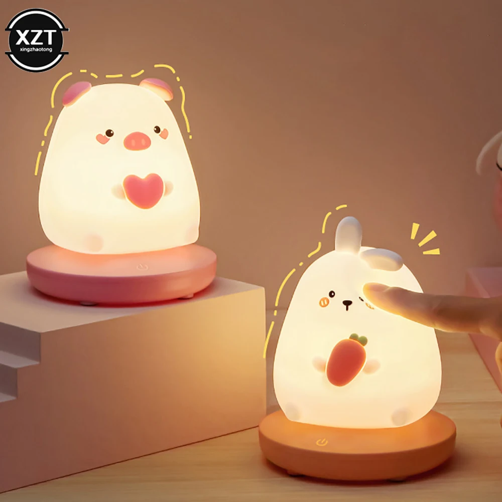 Lámpara LED recargable de silicona con Sensor táctil para niños, luz nocturna regulable para dormitorio, animales lindos, cerdo, conejo, regalos de vacaciones