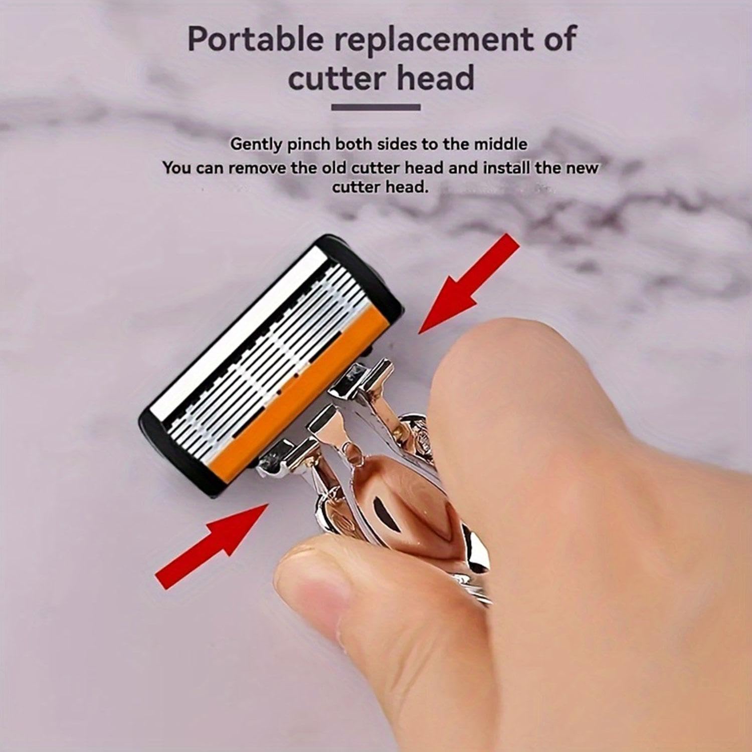 Men's 6-Blade Manual Razor, Orange Non-Slip Handle, Multiple Replacement Blades - Ideal for Trimming Beards and Mustaches