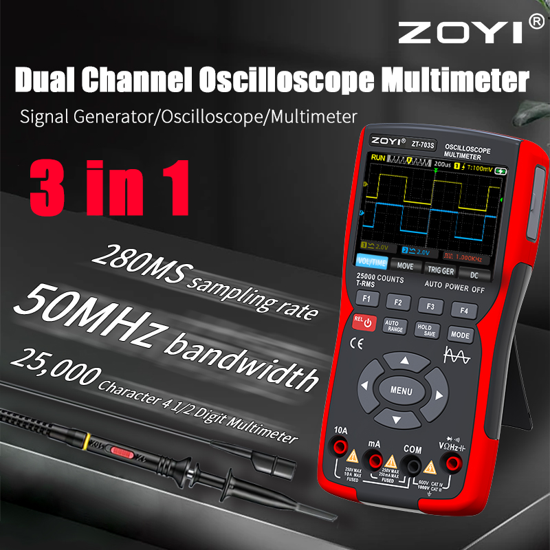 Multímetro Digital ZOYI ZT703S 3 en 1, ancho de banda de 50MHz, tasa de 280MS, almacenamiento de datos de forma de onda de PC, generador de señal de osciloscopio Dual