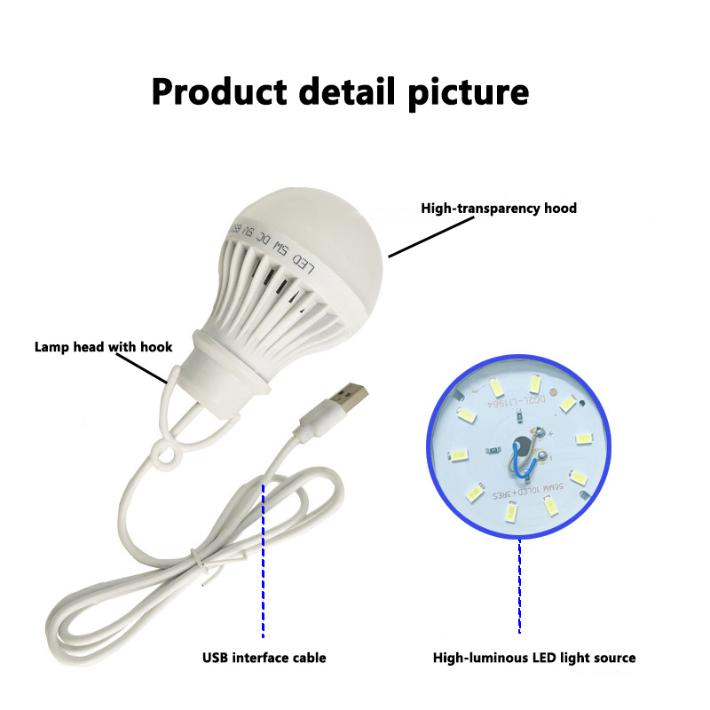 3/5/7W USB Lamp Bulb 5V Portable Camping Lantern Lamp LED Power Reading Book Light For Outdoor Camping Tent Emergency Lighting