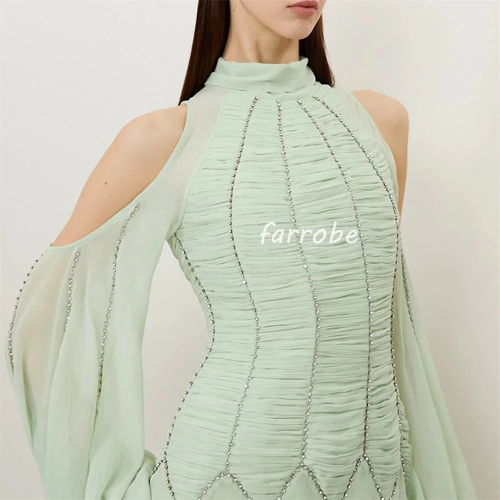 ที่กําหนดเองซับซ้อนประณีตชีฟองจีบ Draped Rhinestone A-Line คอ Midi ชุด Bespoke โอกาสชุด Pastrol