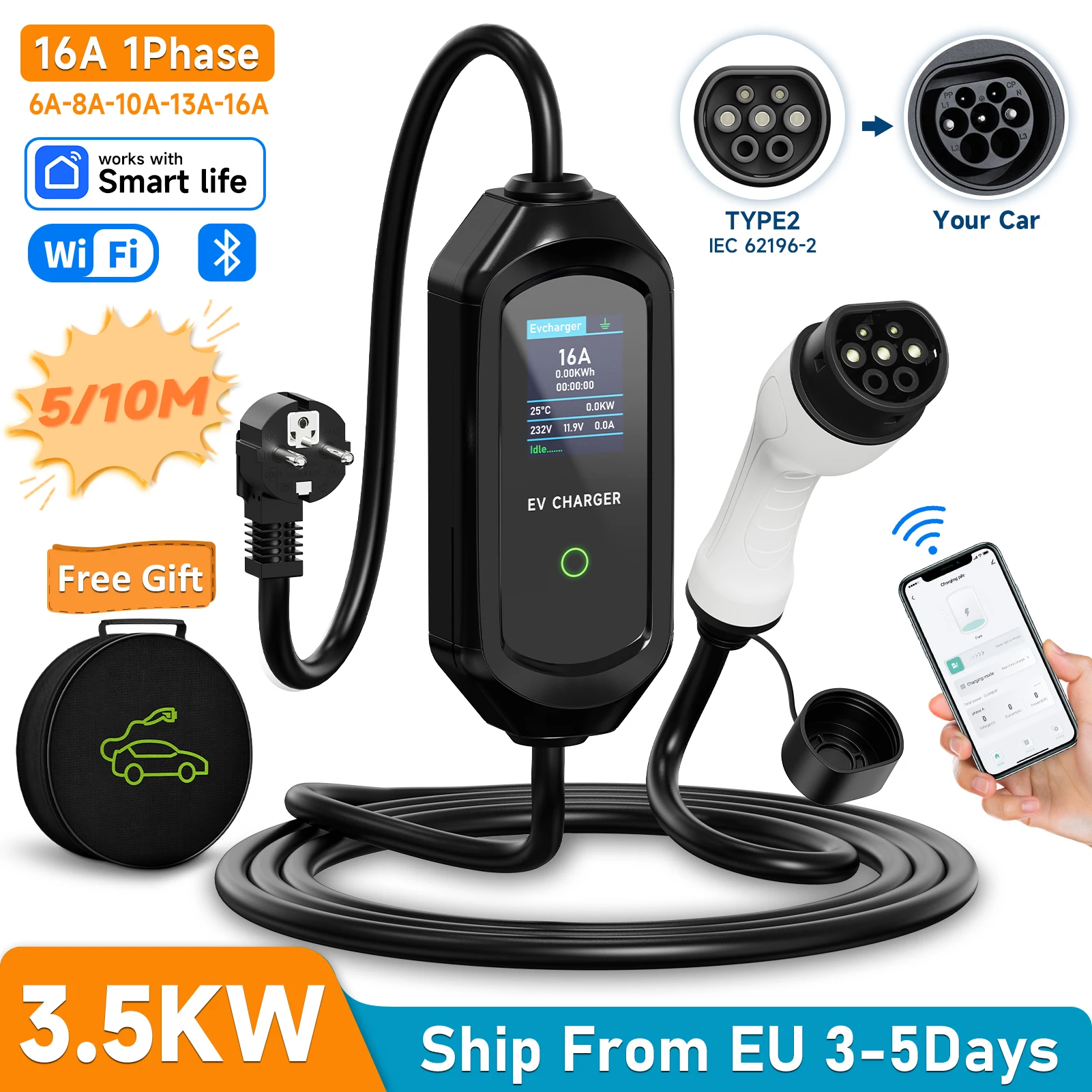 AFEEV 3.5KW 16A 1-fazowa przenośna ładowarka EV Type2 IEC62196-2 EVSE kabel do szybkiego ładowania Wallbox WiFi APP sterowanie bezprzewodowe Bluetooth