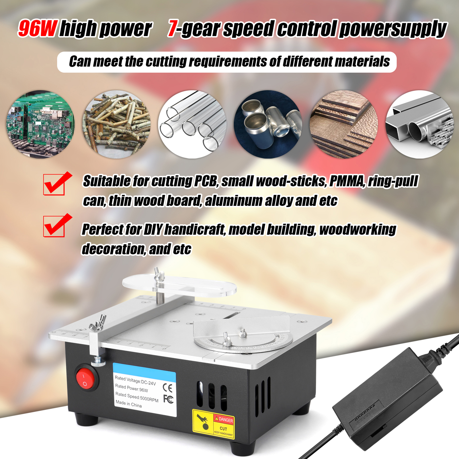 5000RPM Mini Electric Table Saw 7 Speed 96W Household Bench Saw DIY Cutting Machine 14mm Cutting Depth Woodworking Circular Saw