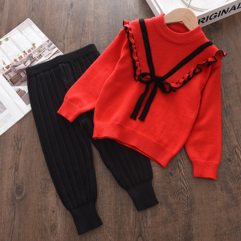 Bear Leader/осенне-зимние модные вязаные плотные комплекты одежды с бантом для маленьких девочек Детский свитер с длинными рукавами и штаны, комплект одежды для маленьких девочек