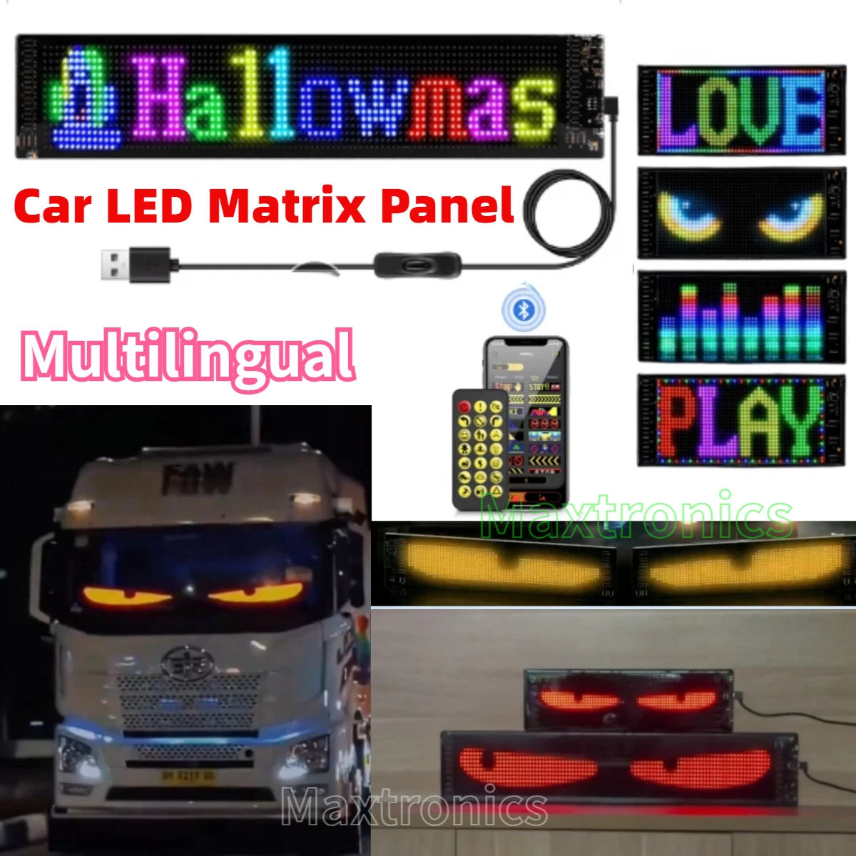 5V Auto LKW Teufelsauge Zeichen Licht Mehrsprachiges Auto LED Matrix Panel Scrollen Werbung USB Bluetooth App Steuerbildschirm