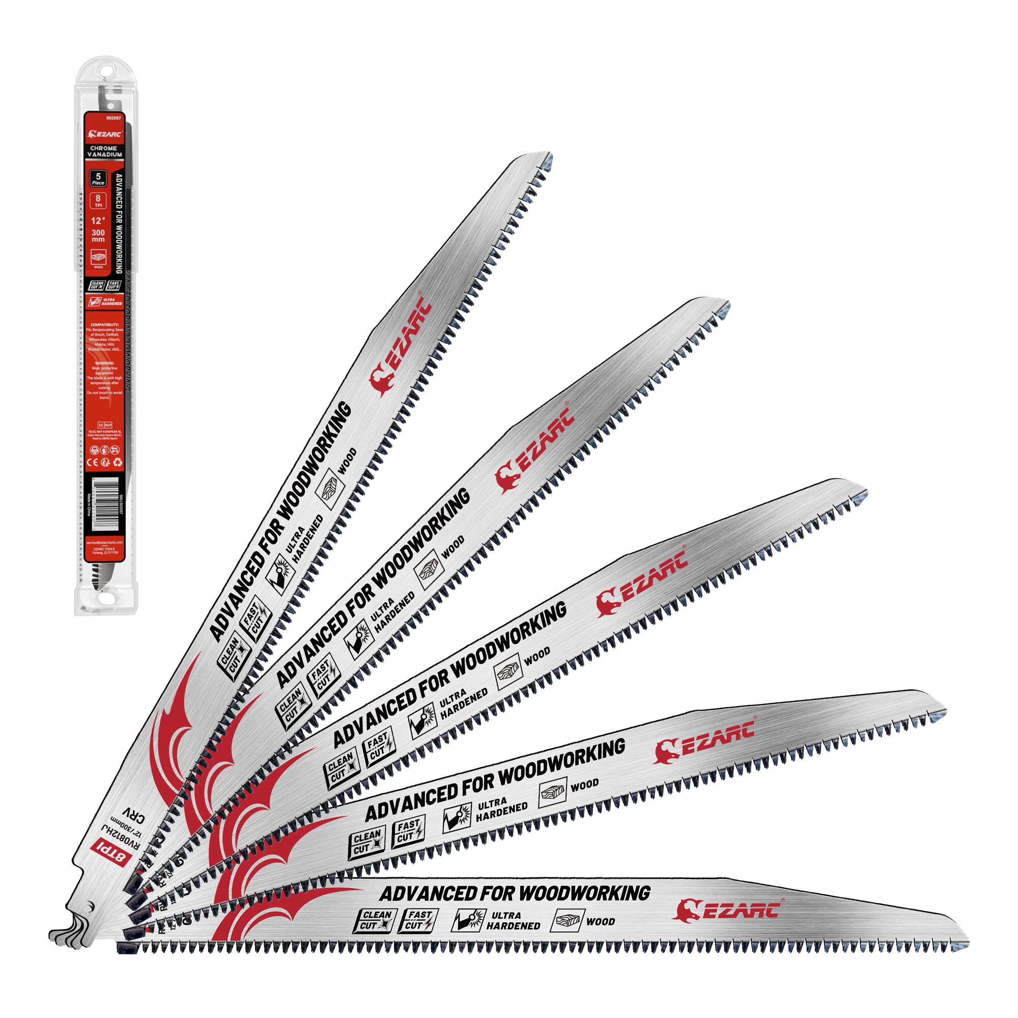 12-дюймовые (300 мм) полотна для сабельных пил с японскими зубьями, высокая точность, 8 TPI, трехгранные зубья, пилы для обрезки древесины, 5 шт.