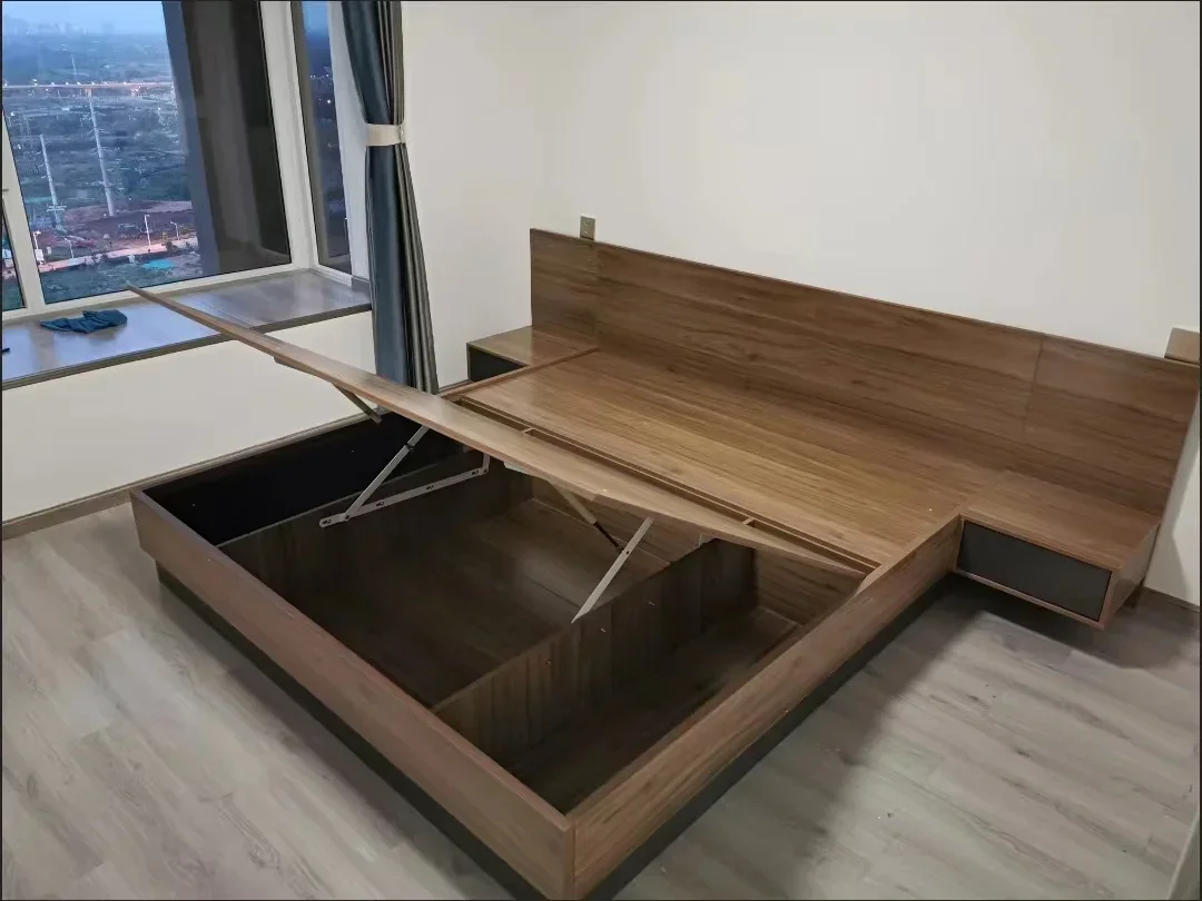 Natürlicher Stil, Apartment, Hotel, Zuhause, Doppelbett, King-Size-Bett, Queen-Size-Bett, solide Basis, Tatami-MDF-Bettgestell mit Kopfteil