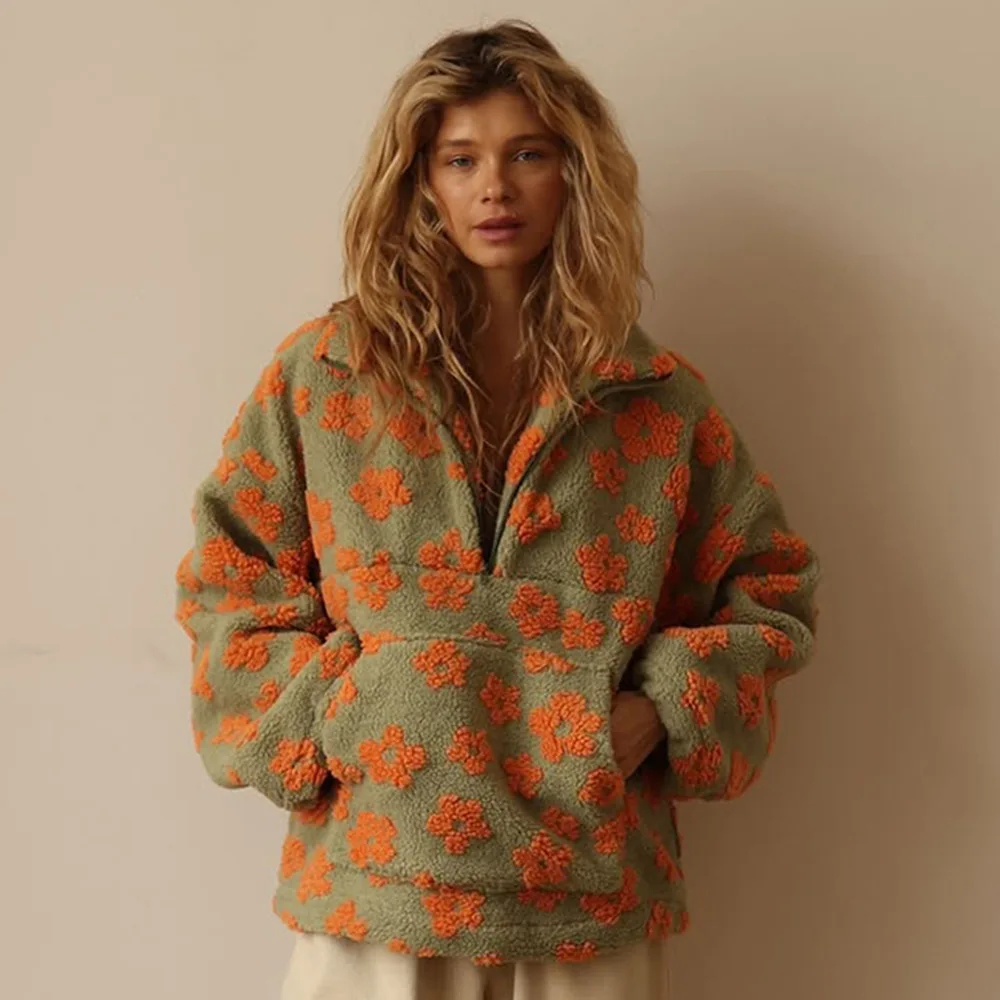 Bornladies nouveau automne hiver femmes Sherpa pull à capuche à fleurs demi-fermeture éclair Style coupe ample chaud élégant sweat