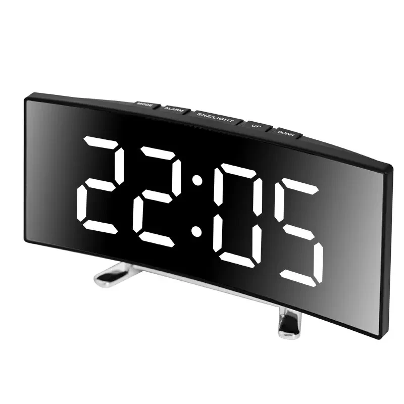 Orologio elettronico curvo creativo, sveglia a specchio a doppio scopo con batteria plug-in a schermo grande a LED, dedicata alla camera da letto degli studenti