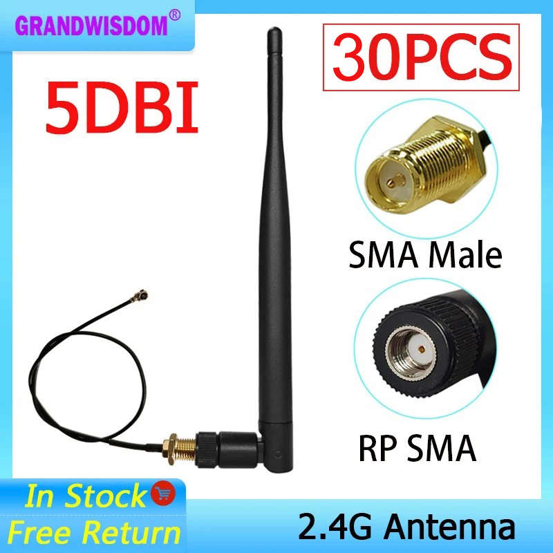 GRANDWISDOM 30 stücke 2,4G antenne 5dbi sma weibliche wlan FÜR wifi 2,4 ghz antenne SMA männlichen zopf Verlängerung kabel modul antenne