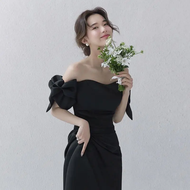 Abito da sposa in raso con spalle scoperte 2024 Nuovo abito da sposa Nero formale A Line Abito da ballo per feste Abiti da sposa personalizzati